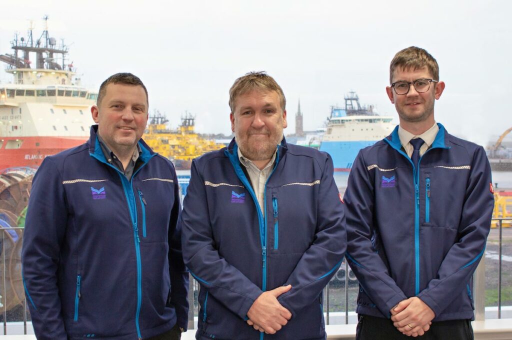 Ross Marshall, Montrose Port's new harbour master with Captain Tom Hutchison, the Chief Executive Officer of Montrose Port and Angus MacAulay, the new Deputy Harbour Master