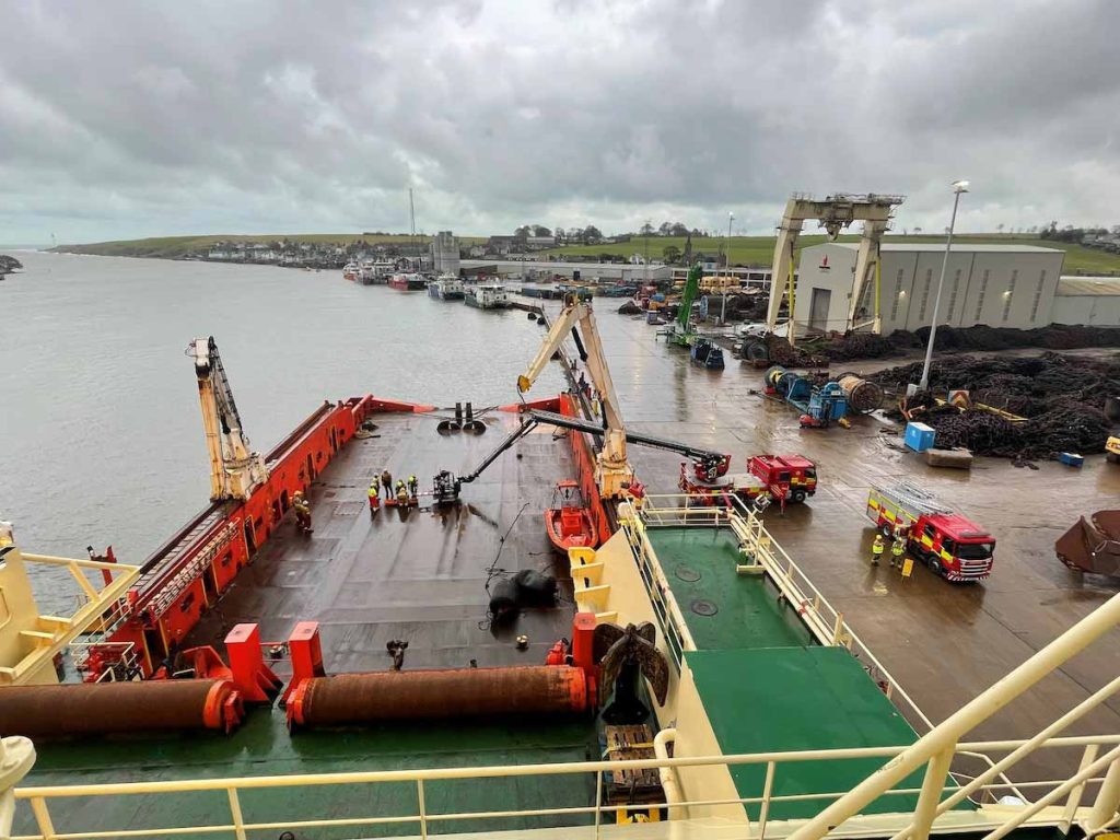View of the Scottish Fire and Rescue Service conducting a safety exercise on the Atlantic Kestrel vessel at Montrose Port Authority from the bridge of the vessel