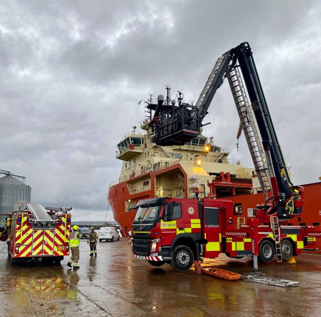 Two fire engines on the quayside at Montrose Port Authority during a safety exercise
