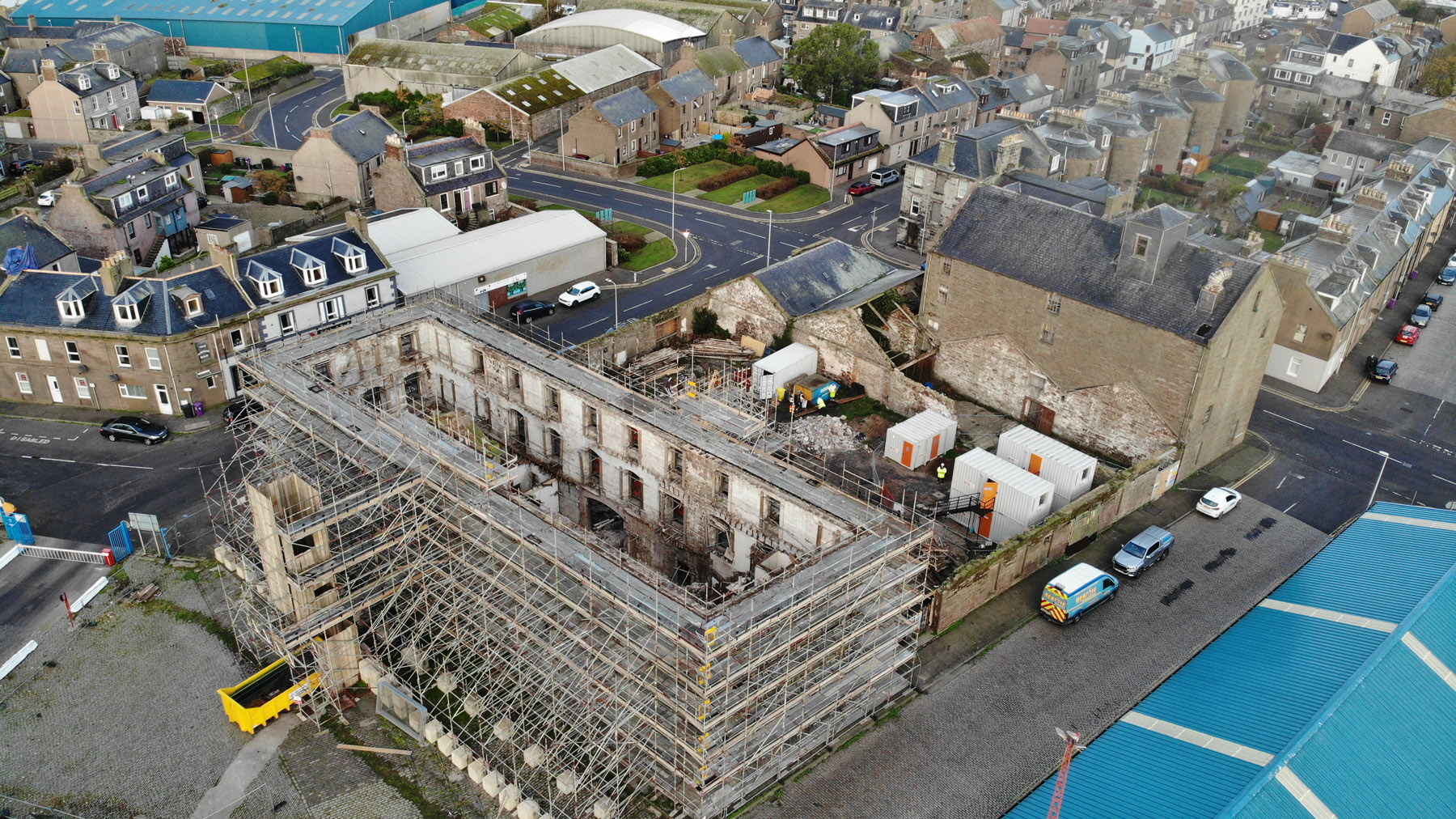 scaffolding and the roof off of customs house in Montrose as part of its regeneration project