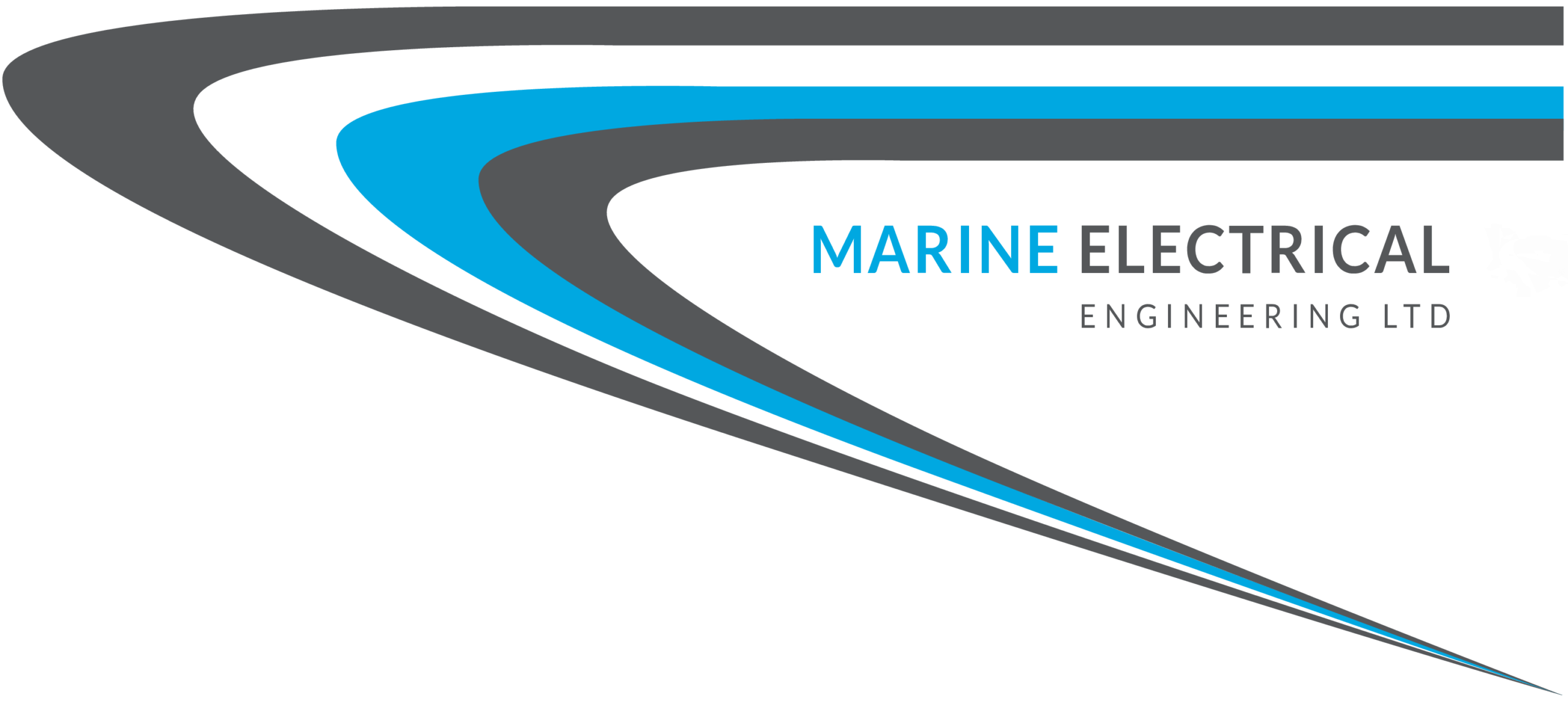 Logo for Marine Electrical Engineering Ltd featuring three curved lines in grey and blue converging to a point, with the company name in blue and grey text on a white background.