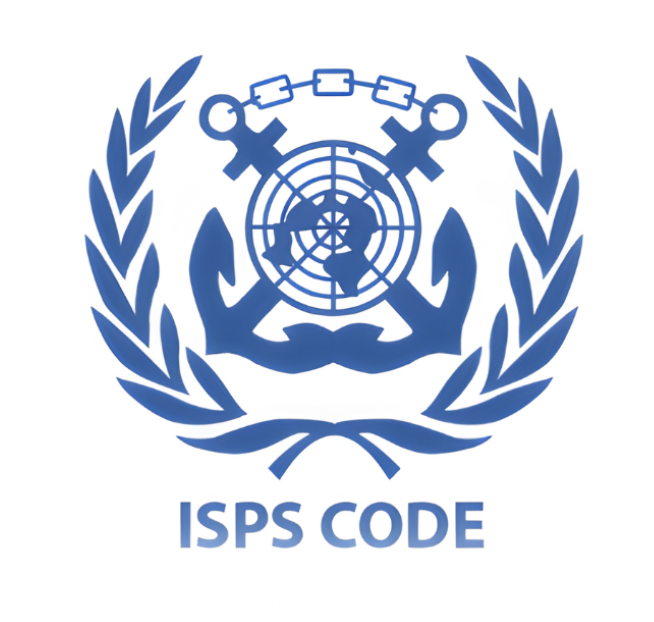A blue emblem featuring a world map over a ship's wheel, flanked by anchors and olive branches, with the text ISPS CODE below.