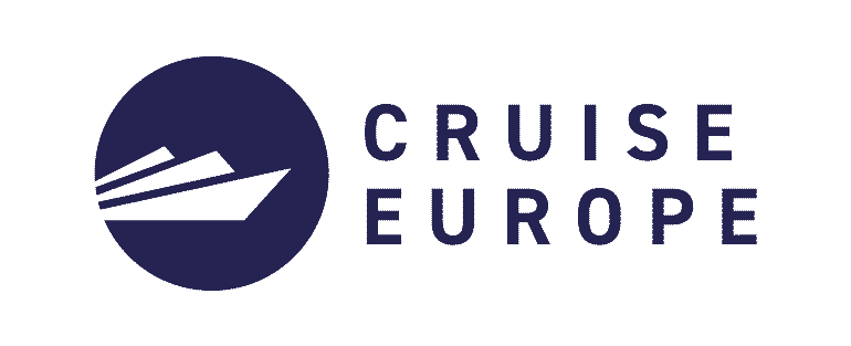 A dark blue circle with a white cruise ship icon is on the left. To the right, the text CRUISE EUROPE appears in all capital letters in a matching dark blue font. The background is light grey.