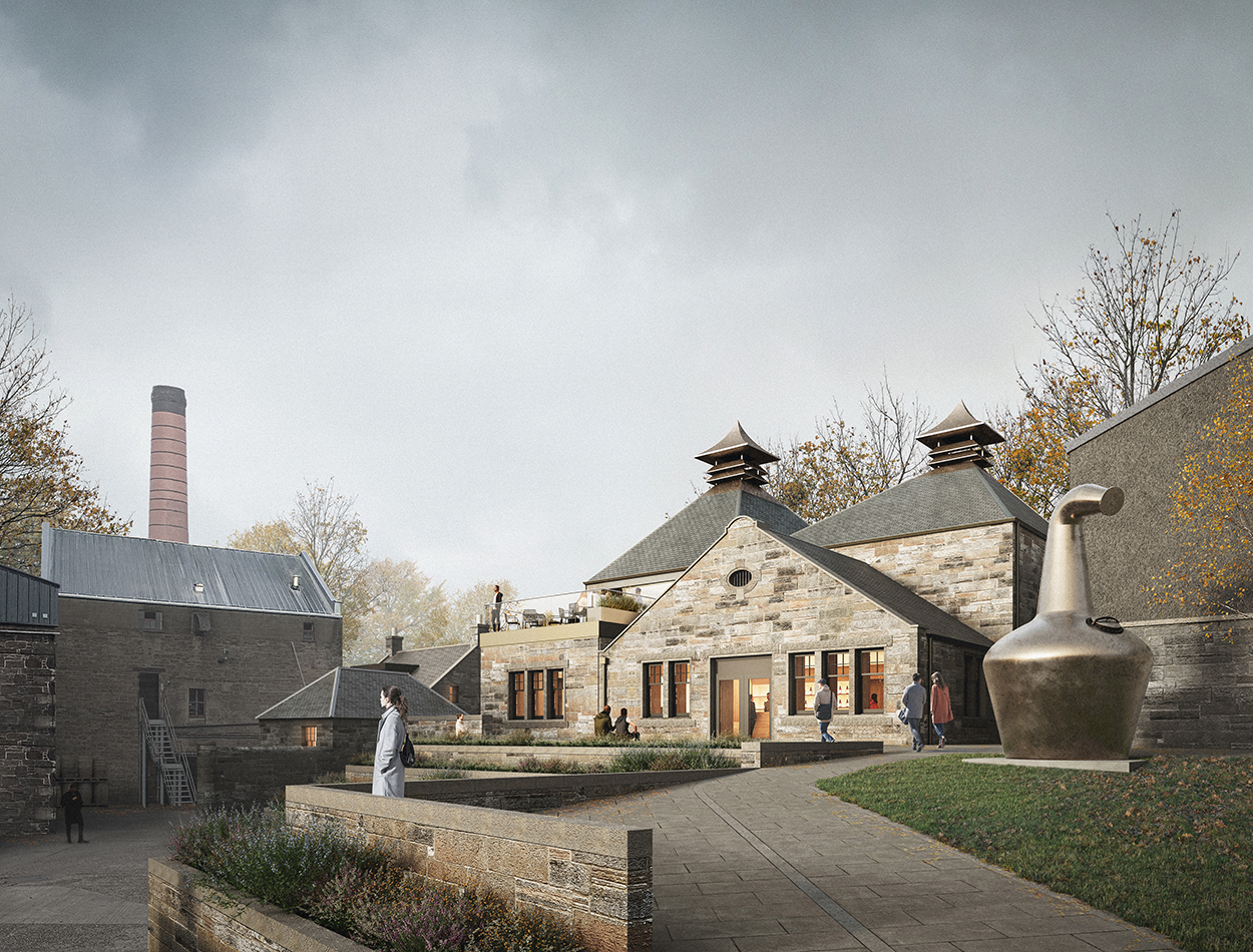 A stone building complex with pitched roofs and cupolas, people walking around the courtyard, trees with autumn leaves, a large chimney in the background, and a copper still sculpture on the right.