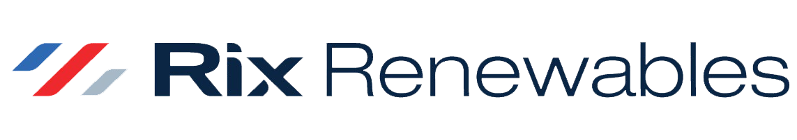 Rix Renewables logo with three diagonal stripes in blue, red, and grey to the left of the company name written in dark blue text on a light background.